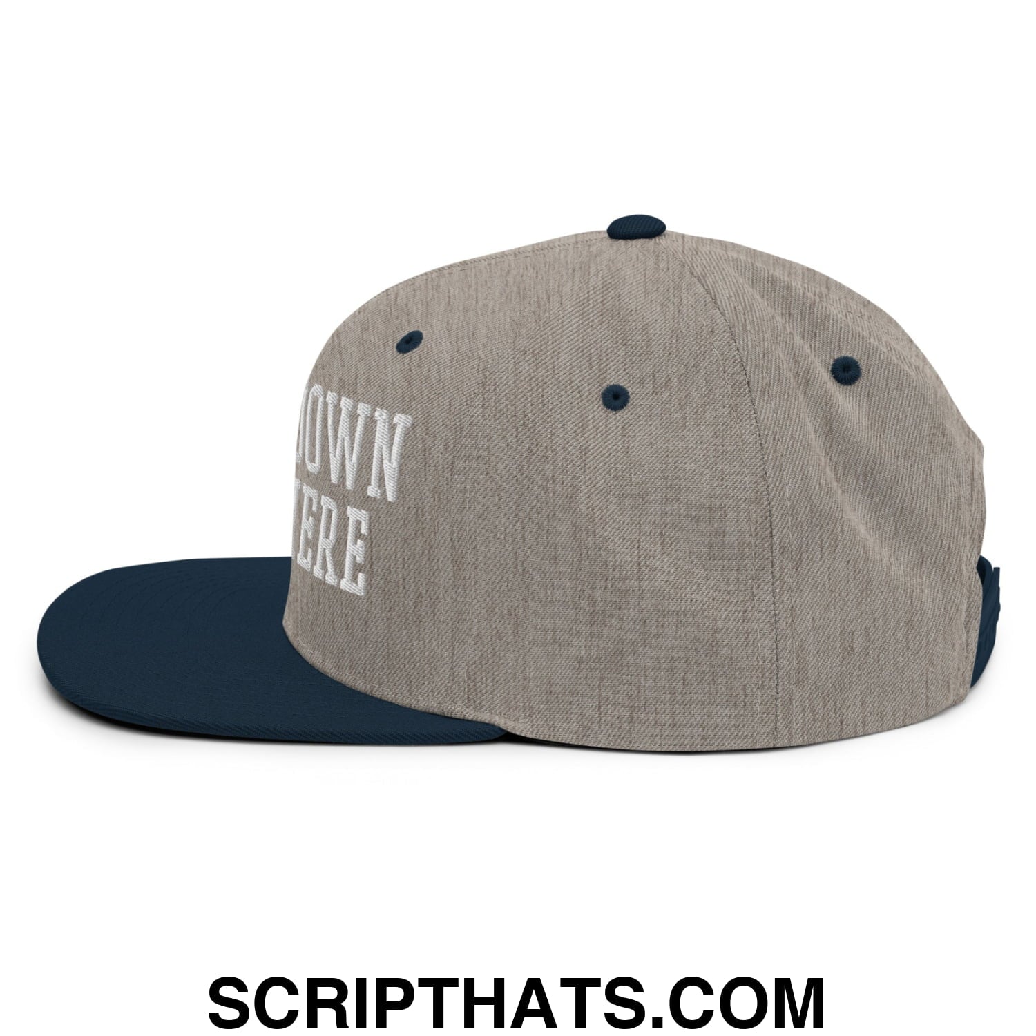Gray and navy blue snapback hat with white embroidered big 3rd down right here text and flat bill brim