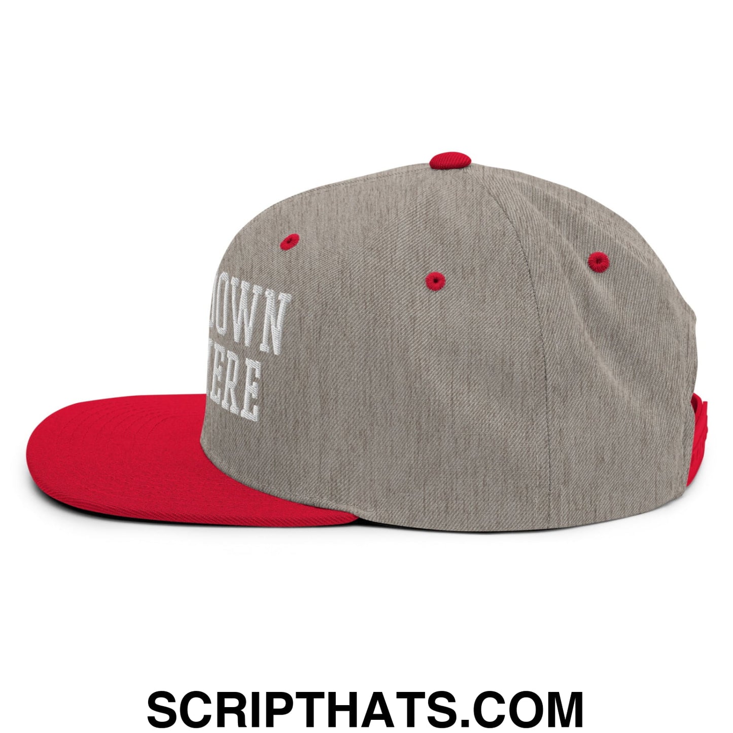 Gray and red snapback hat with white embroidered text and flat bill brim in the big 3rd down right here design