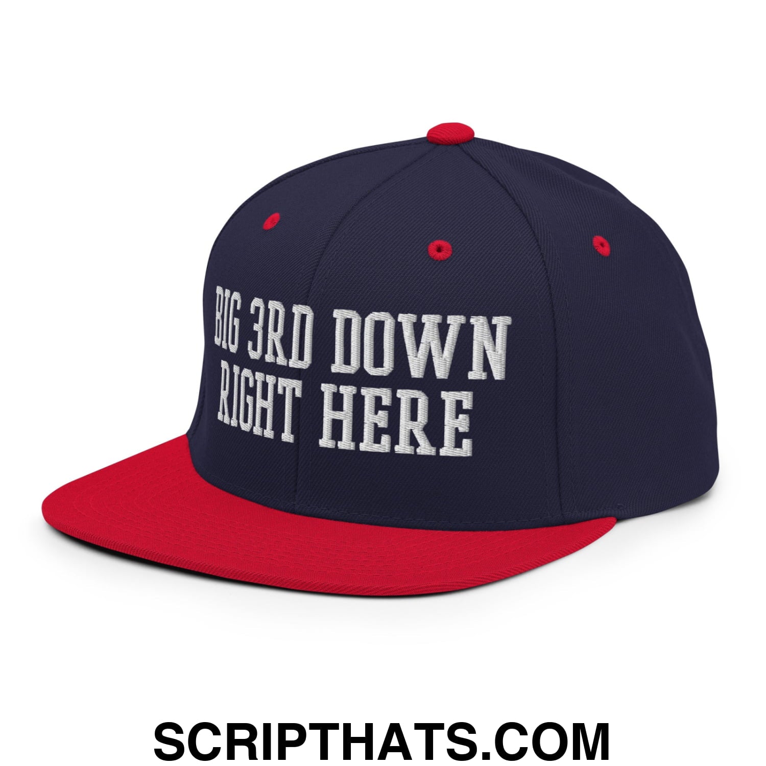 Navy blue and red snapback hat with white embroidered big 3rd down right here text on flat bill brim