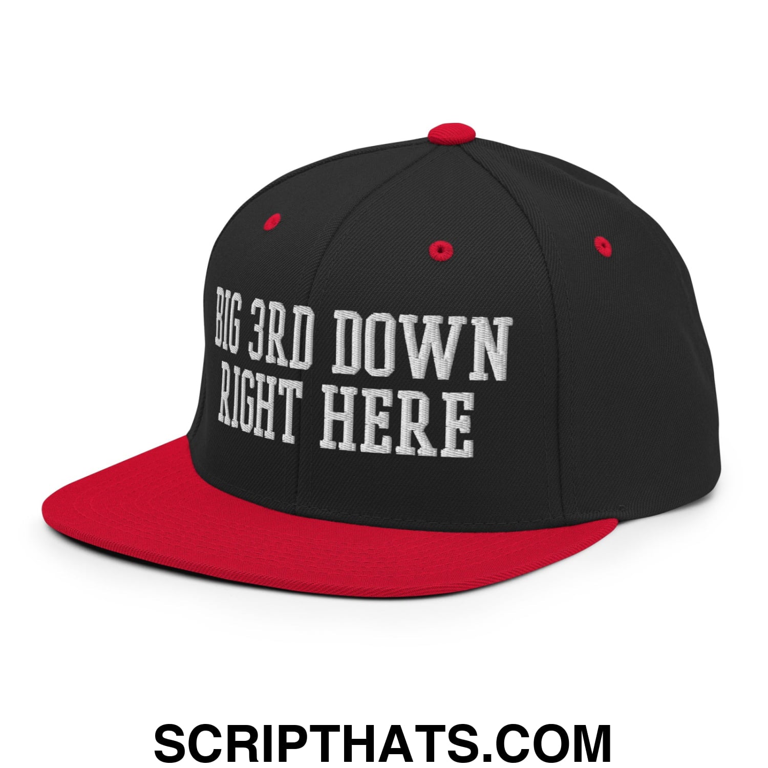 Black and red snapback hat with white embroidered big 3rd down right here text on front flat bill brim