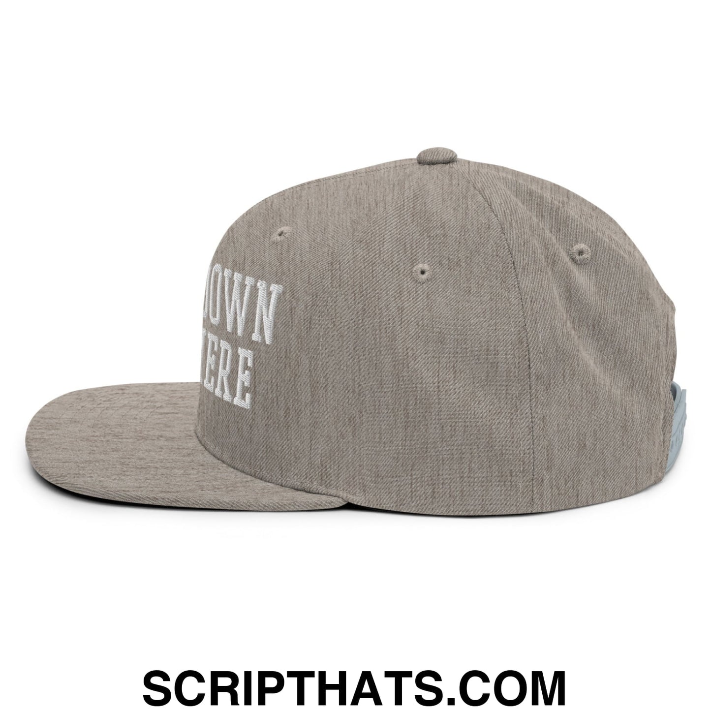 Gray heathered snapback cap with white embroidered down here text and flat bill brim for casual wear