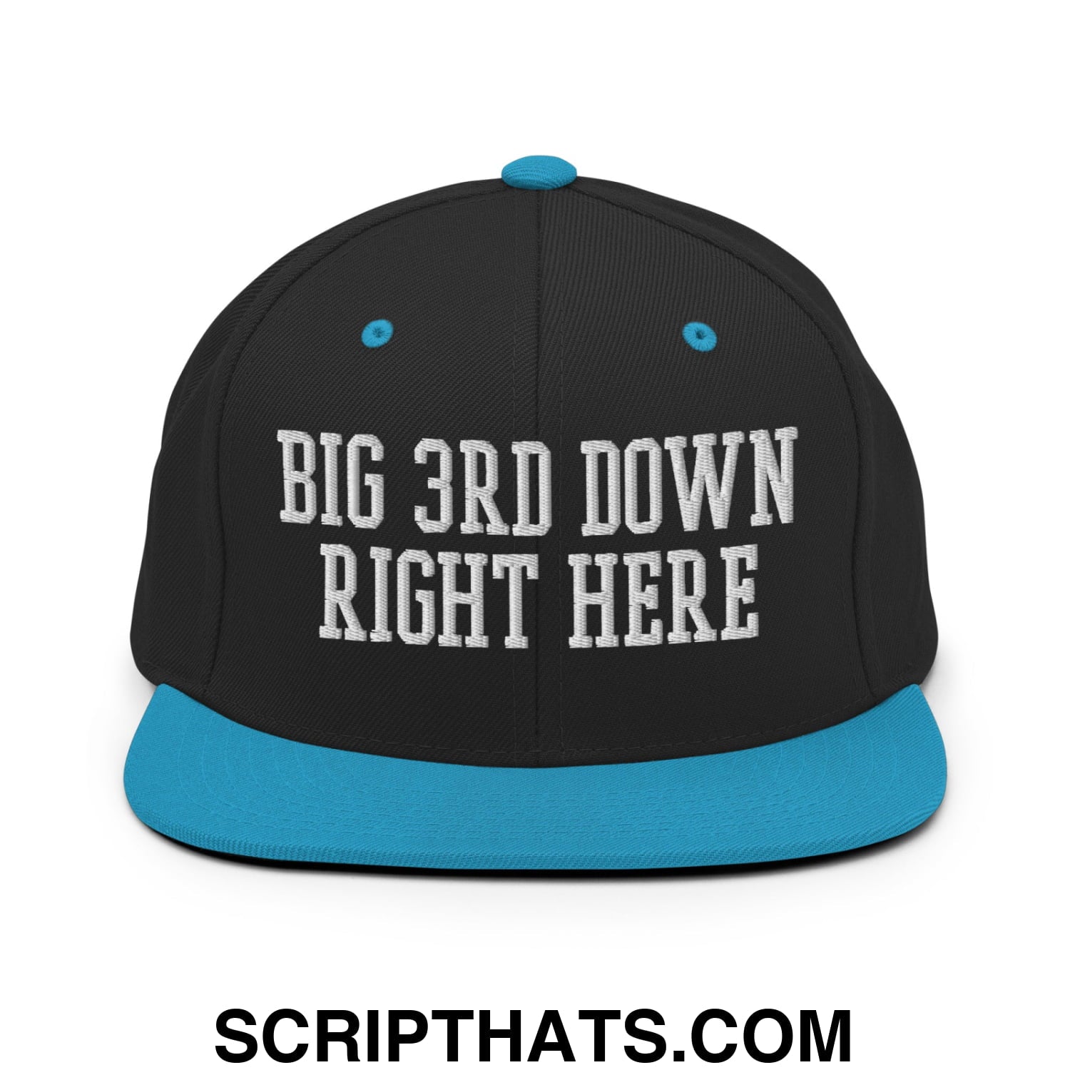 Black snapback cap with bright blue brim and button featuring white embroidered big 3rd down right here text