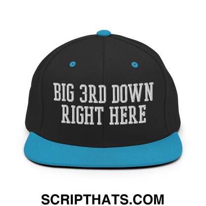 Black snapback cap with bright blue brim and button featuring white embroidered big 3rd down right here text
