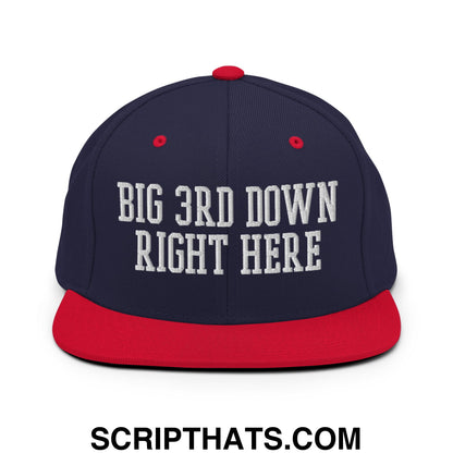 Navy blue and red snapback hat with white embroidered big 3rd down right here text and flat bill brim