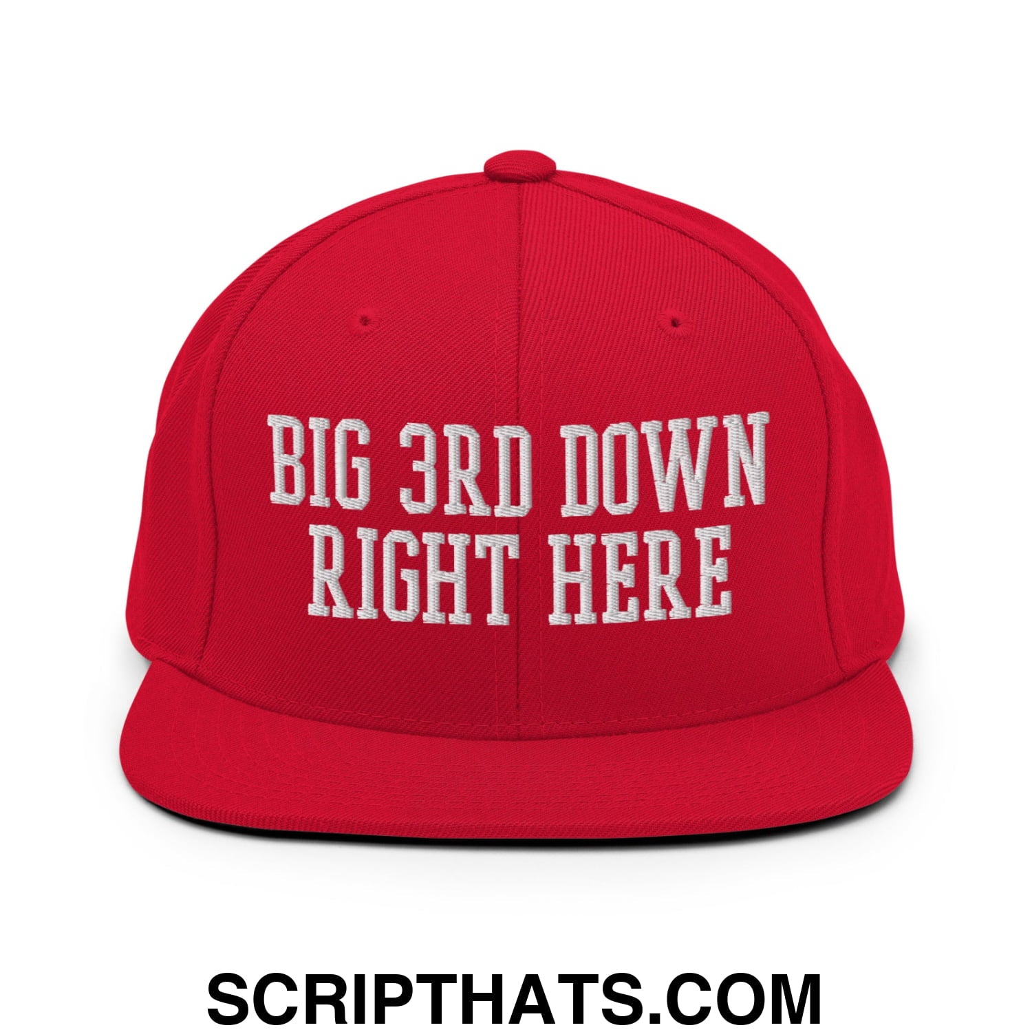 Red snapback cap with white embroidered big 3rd down right here text and flat bill brim for casual wear