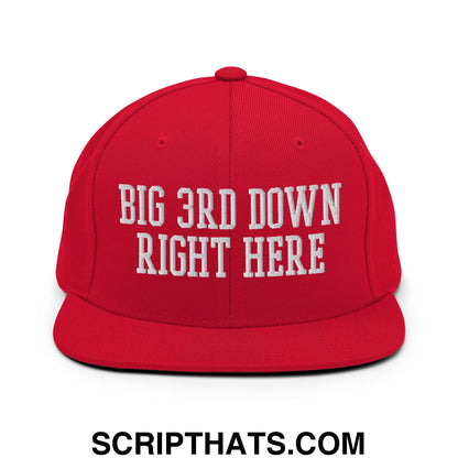 Red snapback cap with white embroidered big 3rd down right here text and flat bill brim for casual wear