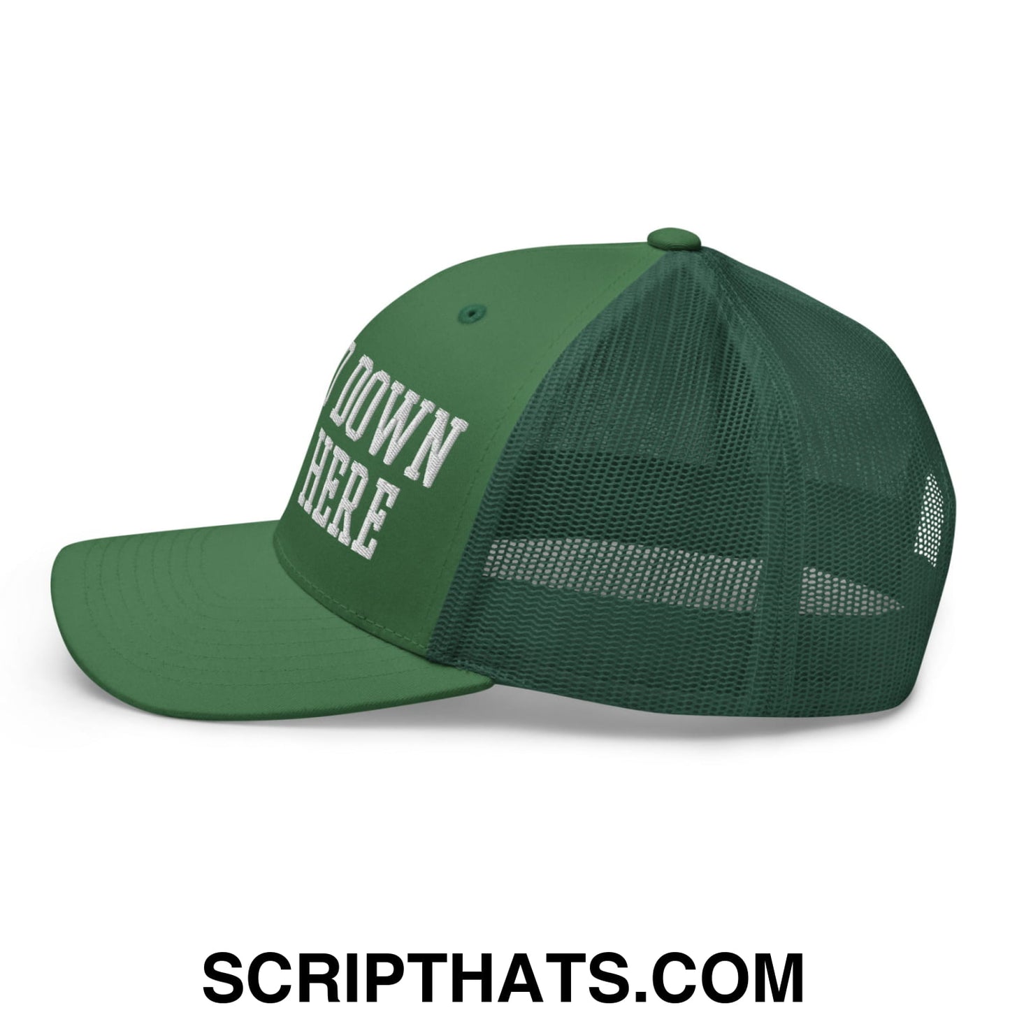 Dark green mesh trucker hat with white embroidered down here text on front panel for casual wear