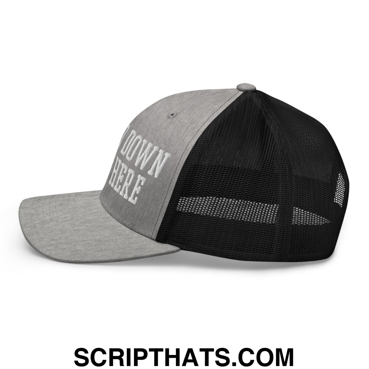 Gray and black mesh trucker hat with white embroidered down here text on front panel Big 3rd Down Right Here design
