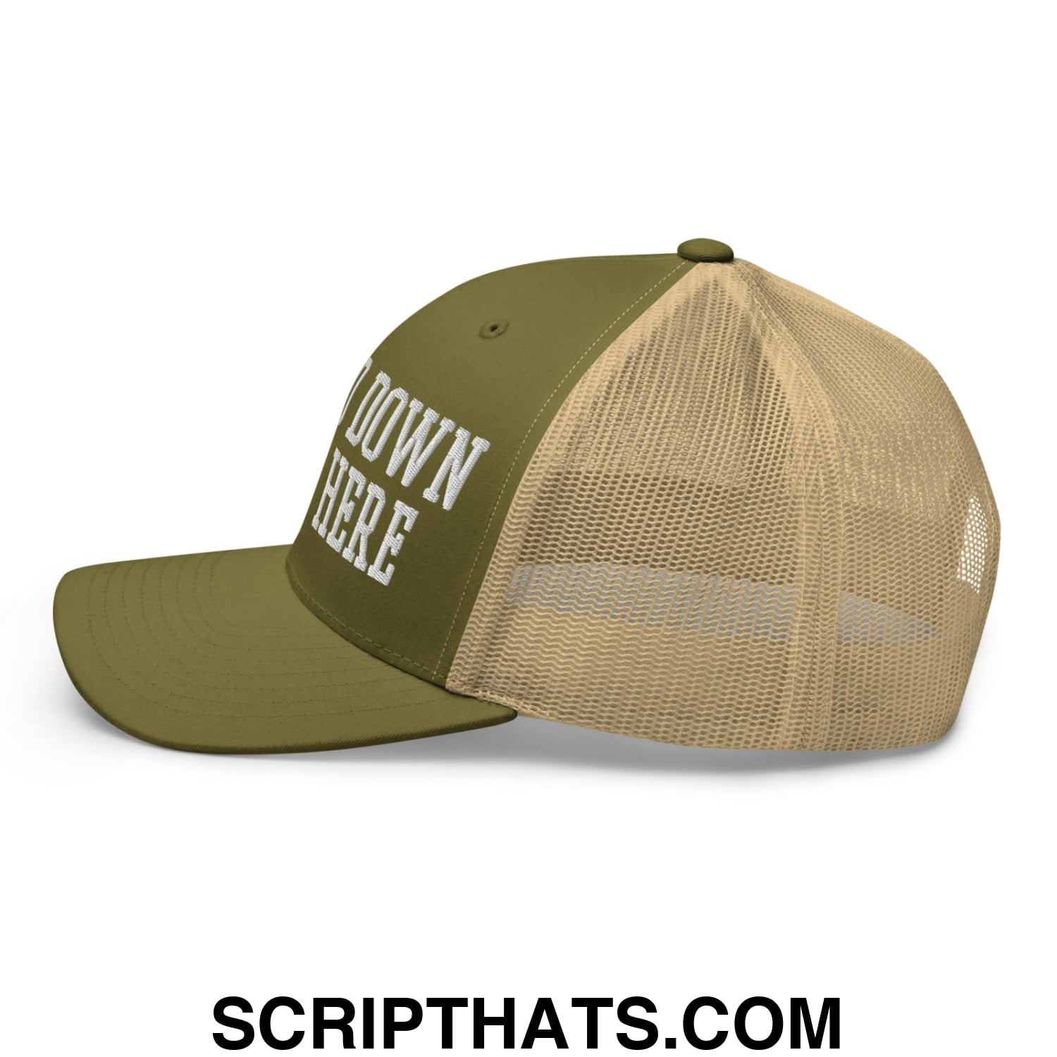Olive green and tan mesh trucker hat with white embroidered down here text on front panel big 3rd down right here design