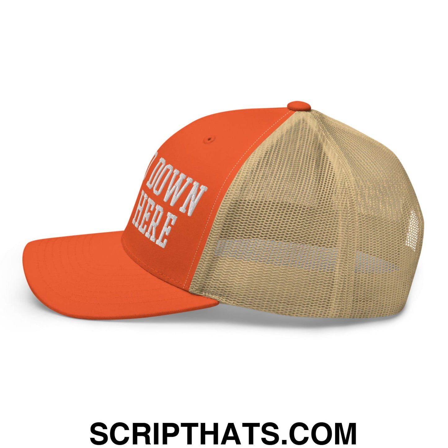 Orange and beige mesh trucker hat with white embroidered down here text on front panel big 3rd down right here design