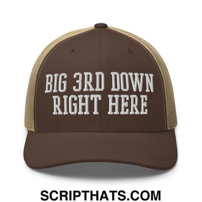 Brown and tan mesh trucker hat with white embroidered text big 3rd down right here on front panel