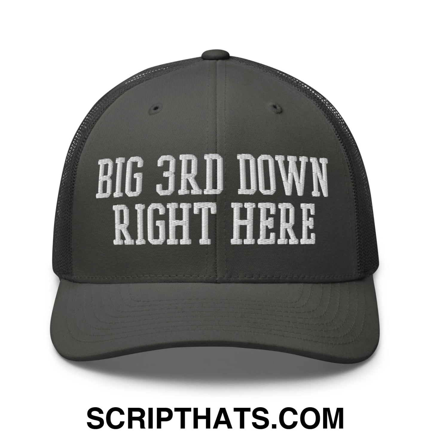 Dark gray mesh trucker hat with white embroidered text big 3rd down right here on the front panel