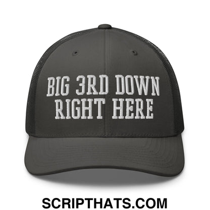 Dark gray mesh trucker hat with white embroidered text big 3rd down right here on the front panel
