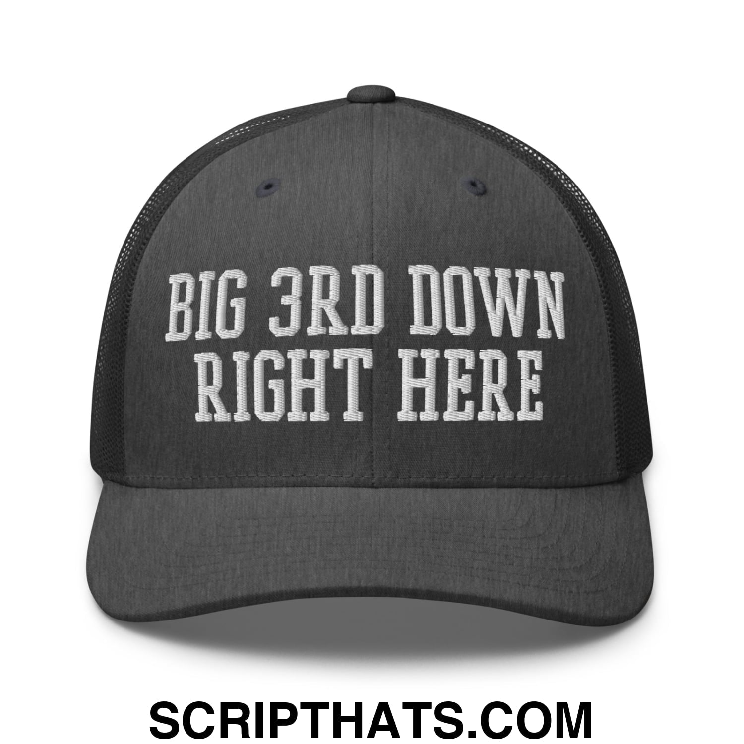 Black embroidered mesh trucker hat with big 3rd down right here text across the front panel