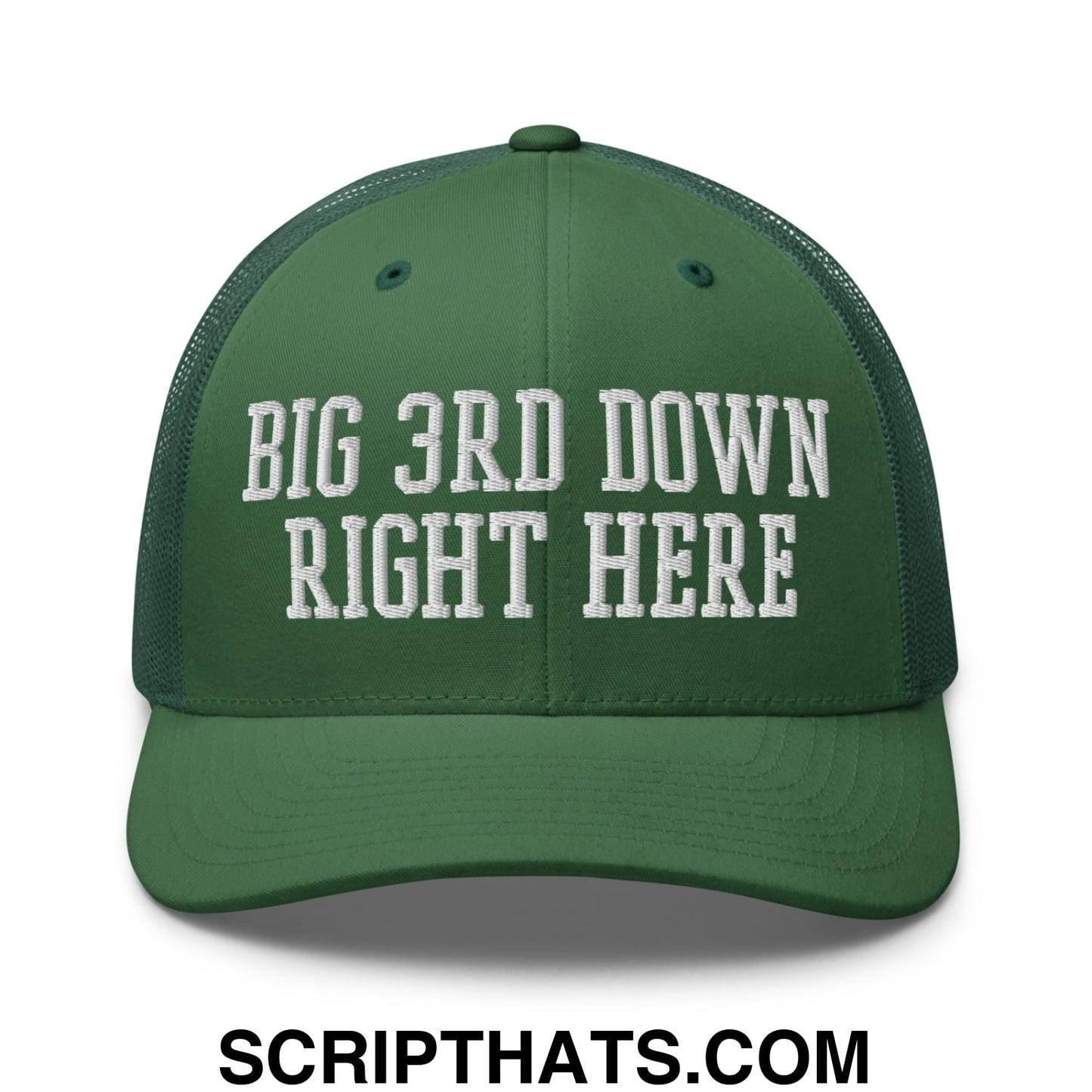 Dark green mesh trucker hat with white embroidered text big 3rd down right here across the front panel