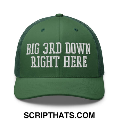 Dark green mesh trucker hat with white embroidered text big 3rd down right here across the front panel