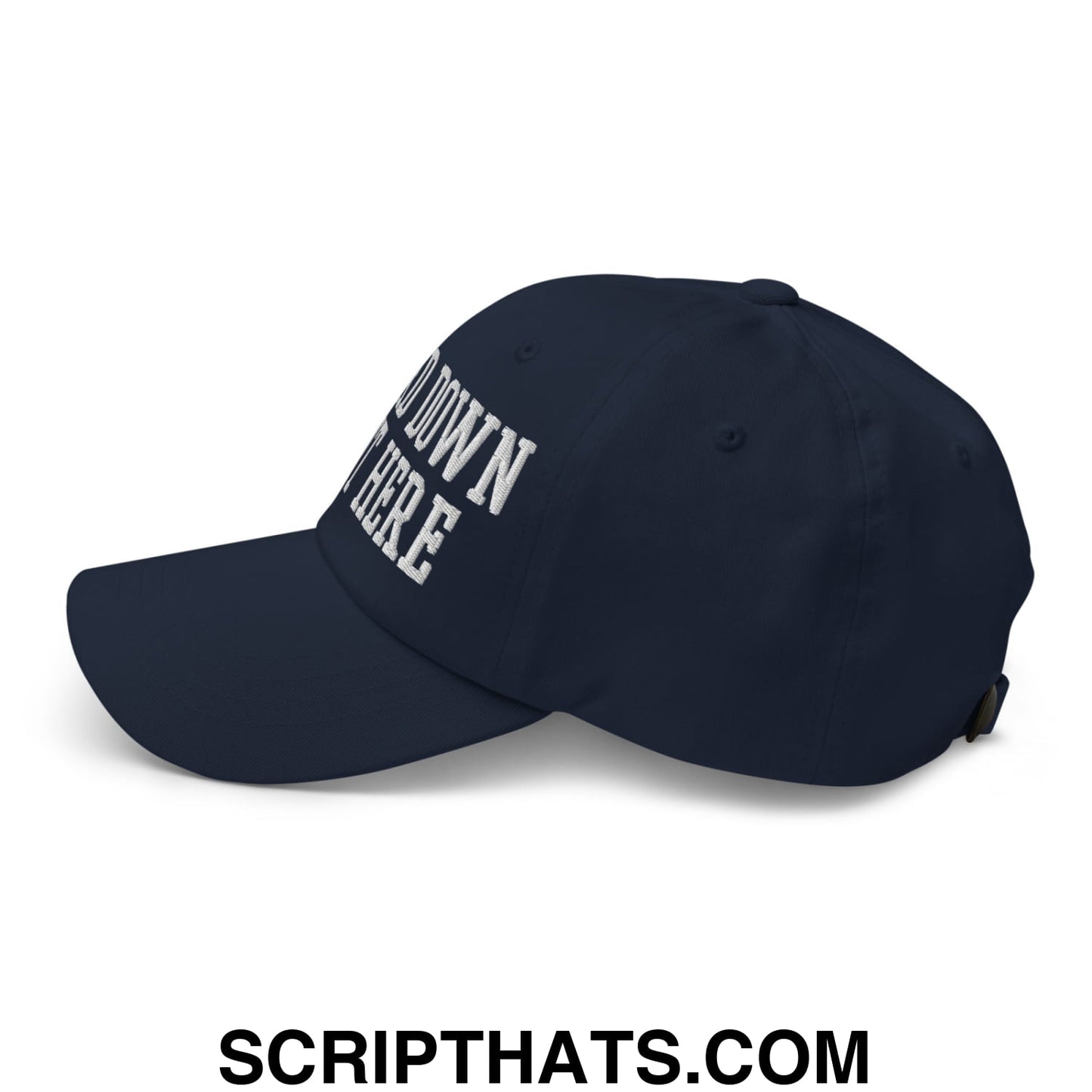 Navy blue unstructured dad hat with white embroidered down here text big 3rd down right here design