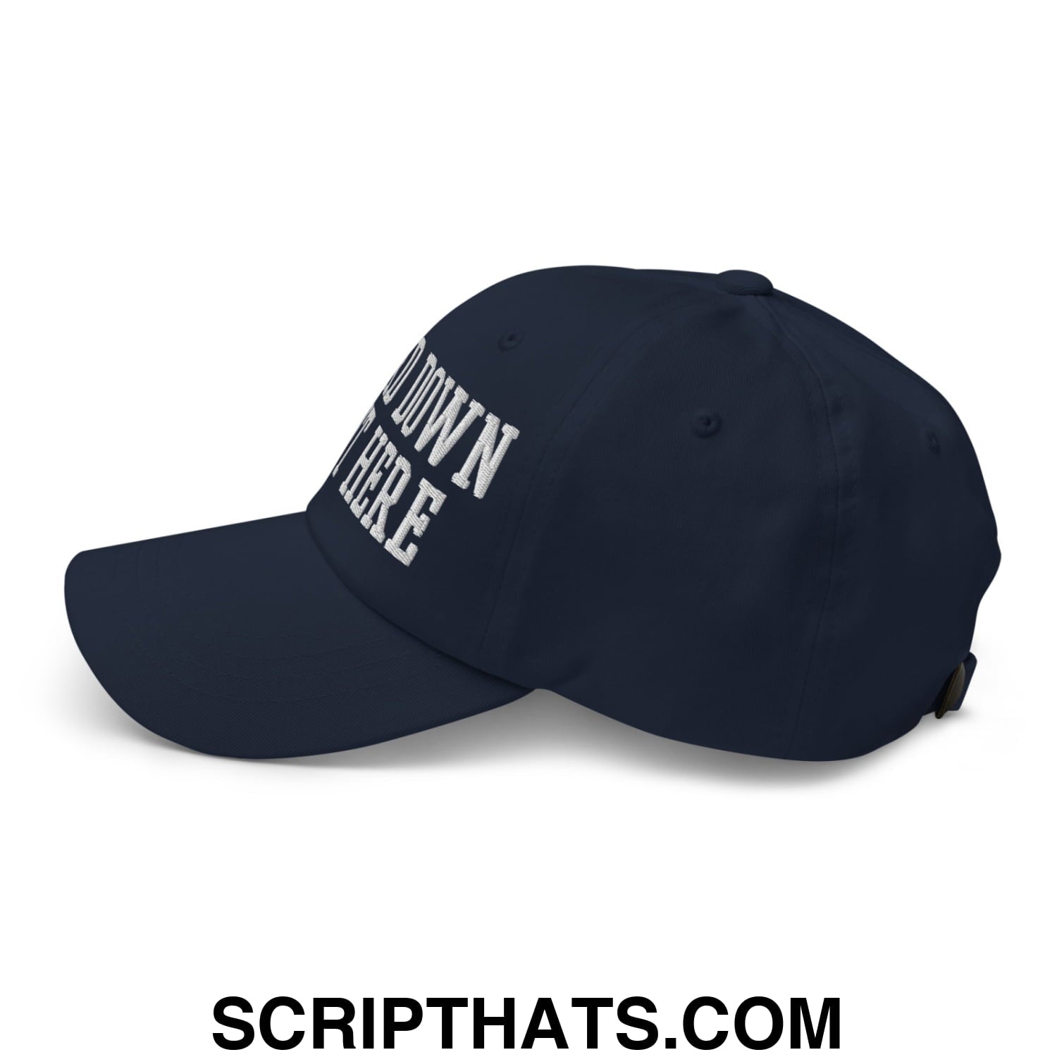 Navy blue unstructured dad hat with white embroidered down here text big 3rd down right here design