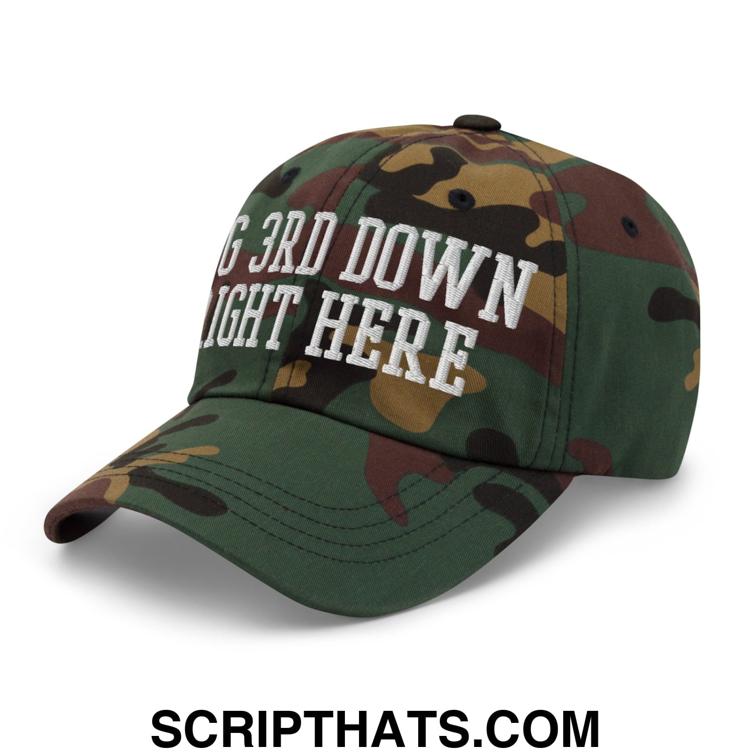 A camouflage unstructured dad hat with white embroidered text reading g 3rd down right here on the front