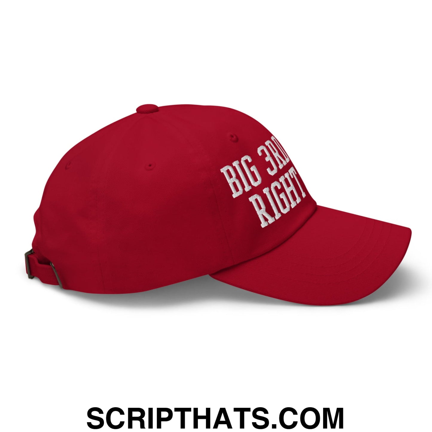 Red unstructured dad hat with white embroidered big 3rd right text on the side for casual wear