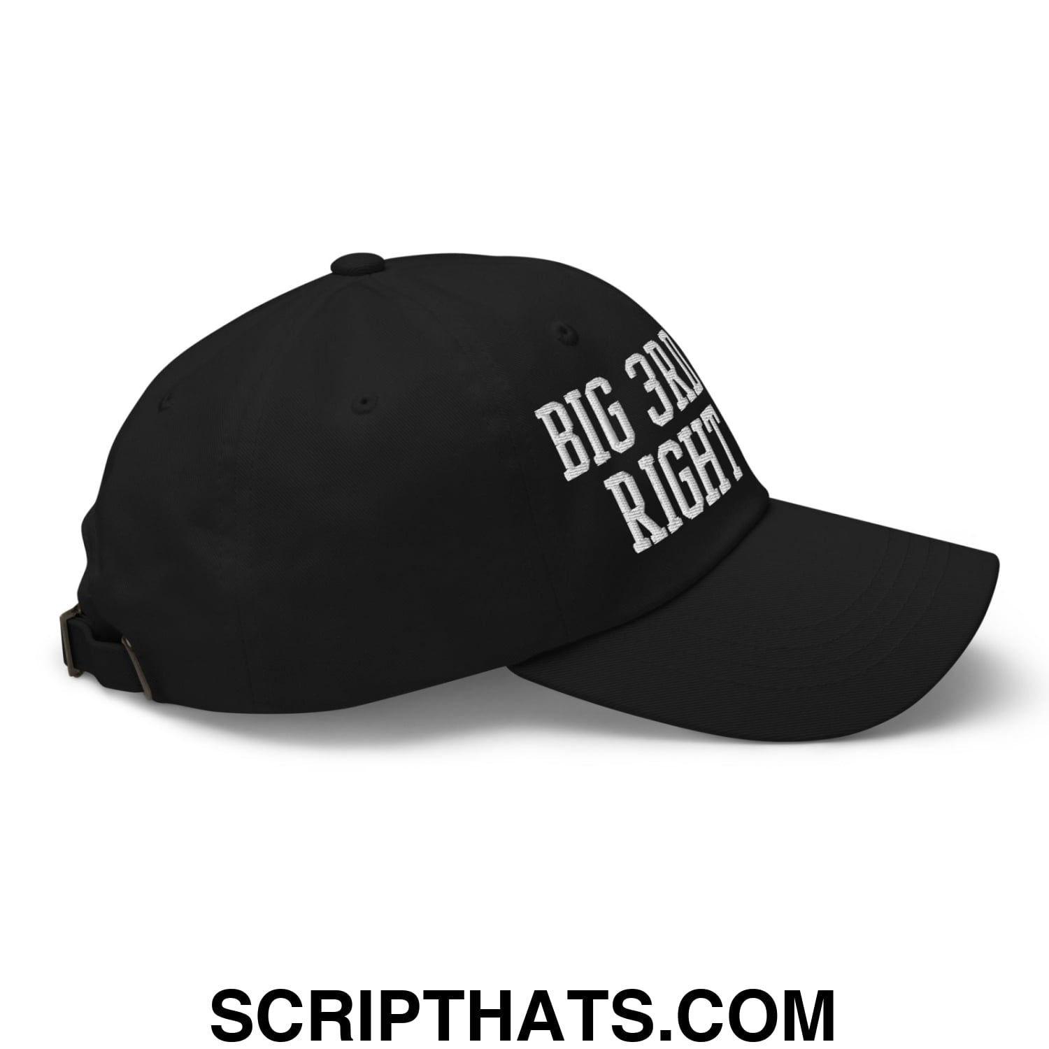 Black unstructured dad hat with white embroidered big 3rd right text on front for casual wear