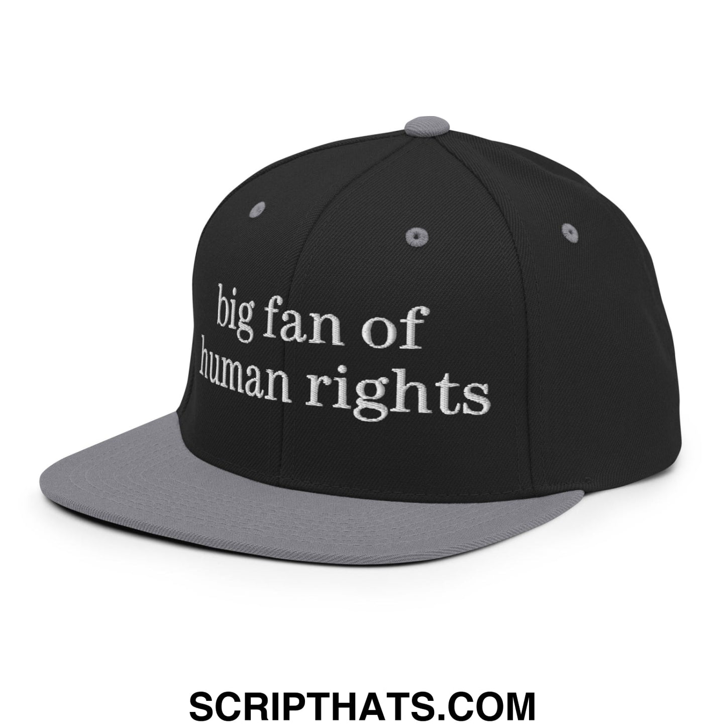 Black and gray snapback cap with white embroidered big fan of human rights text and flat bill brim