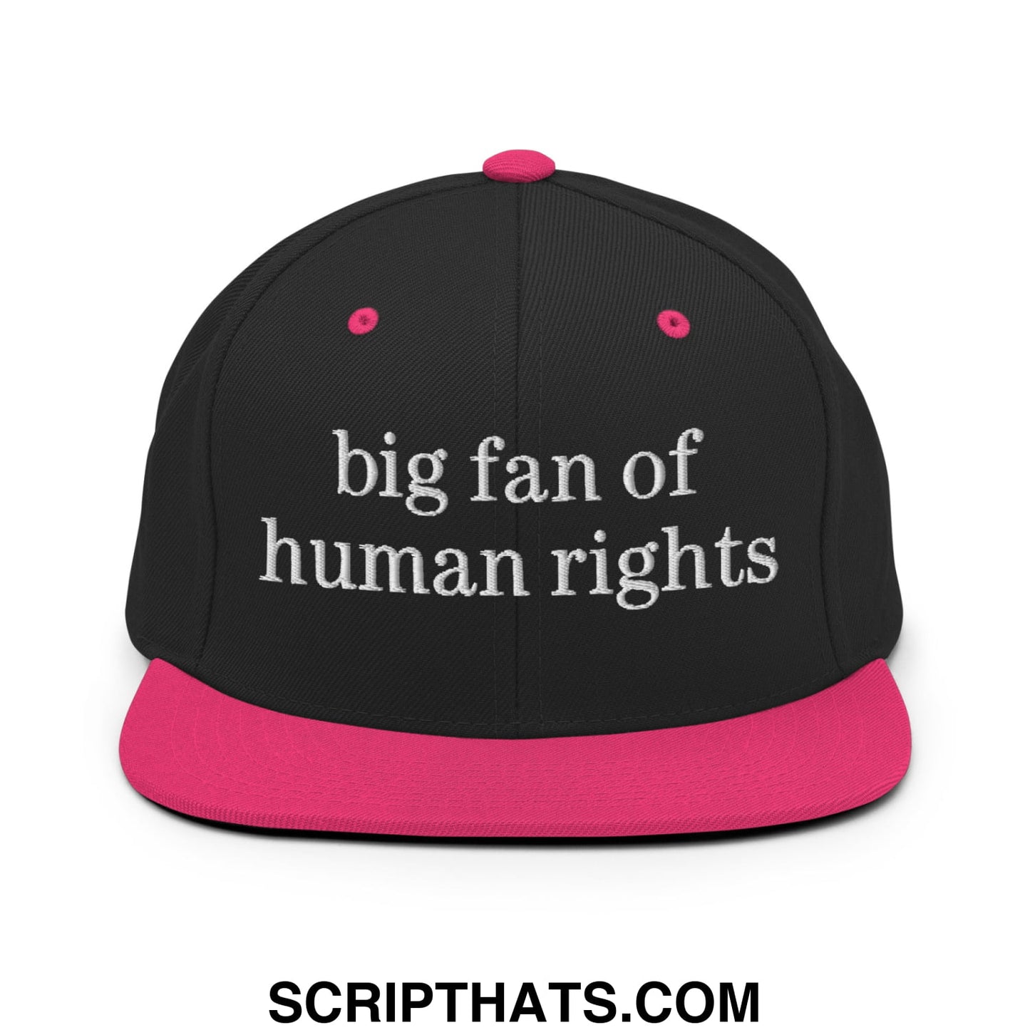 Black snapback cap with pink brim and button featuring white embroidered text big fan of human rights