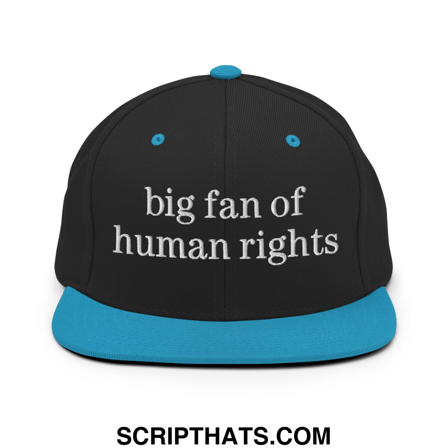 Black snapback cap with teal brim and button featuring white embroidered big fan of human rights text