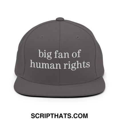 Gray flat bill snapback hat with white embroidered text big fan of human rights promoting equality and justice