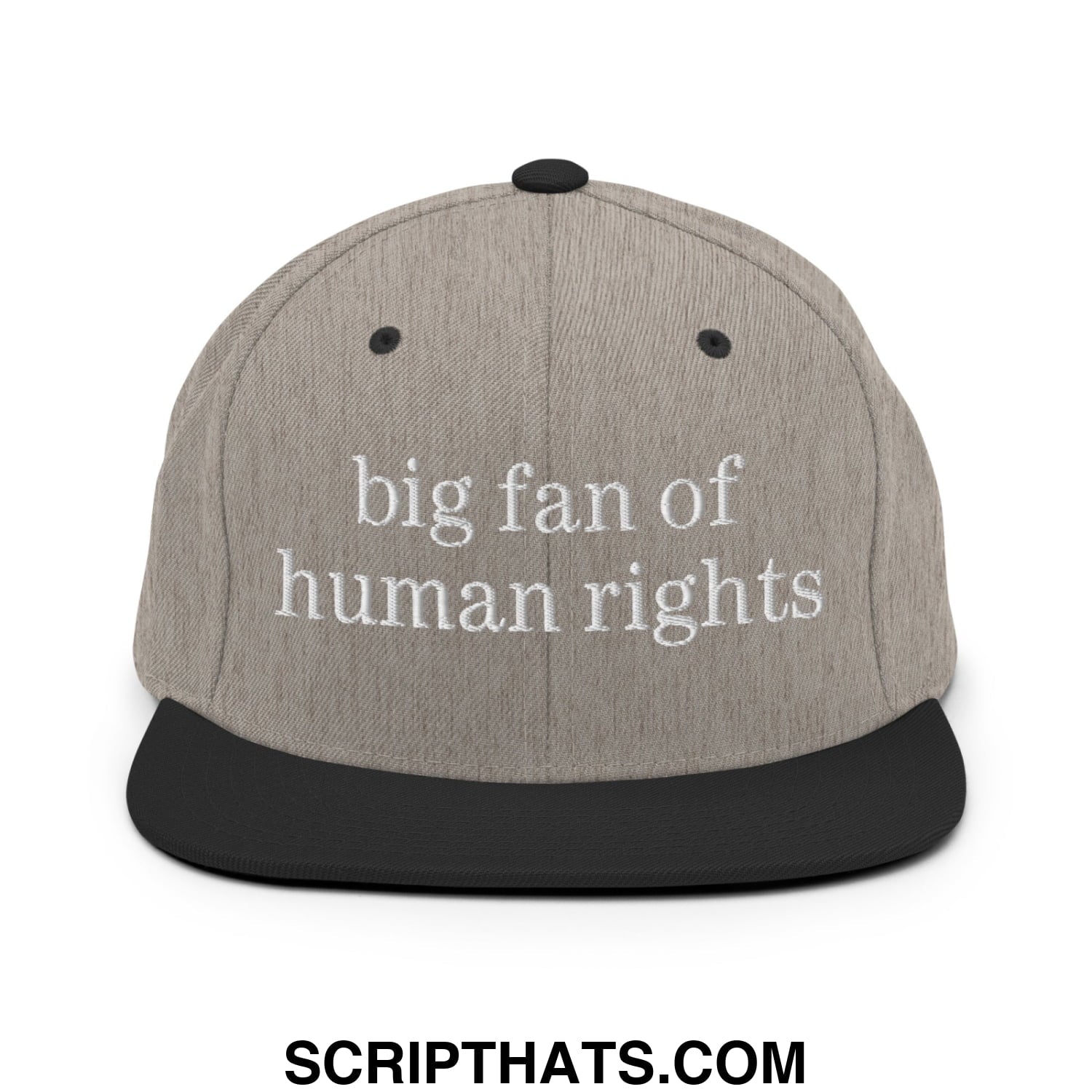 Gray heather snapback hat with black brim and embroidered white text big fan of human rights flat bill brim design