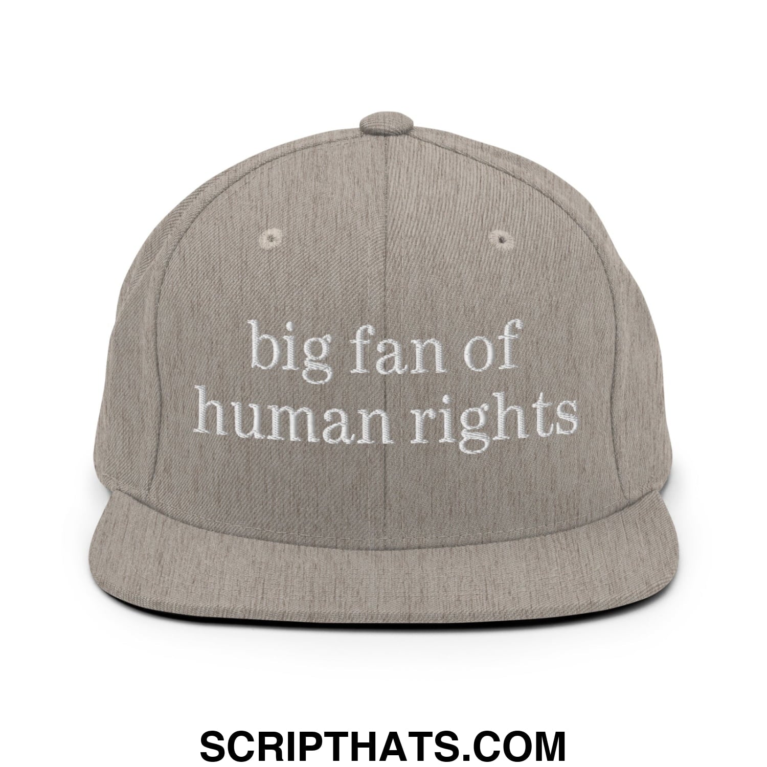Gray snapback hat with white embroidered text big fan of human rights on flat bill brim for casual wear