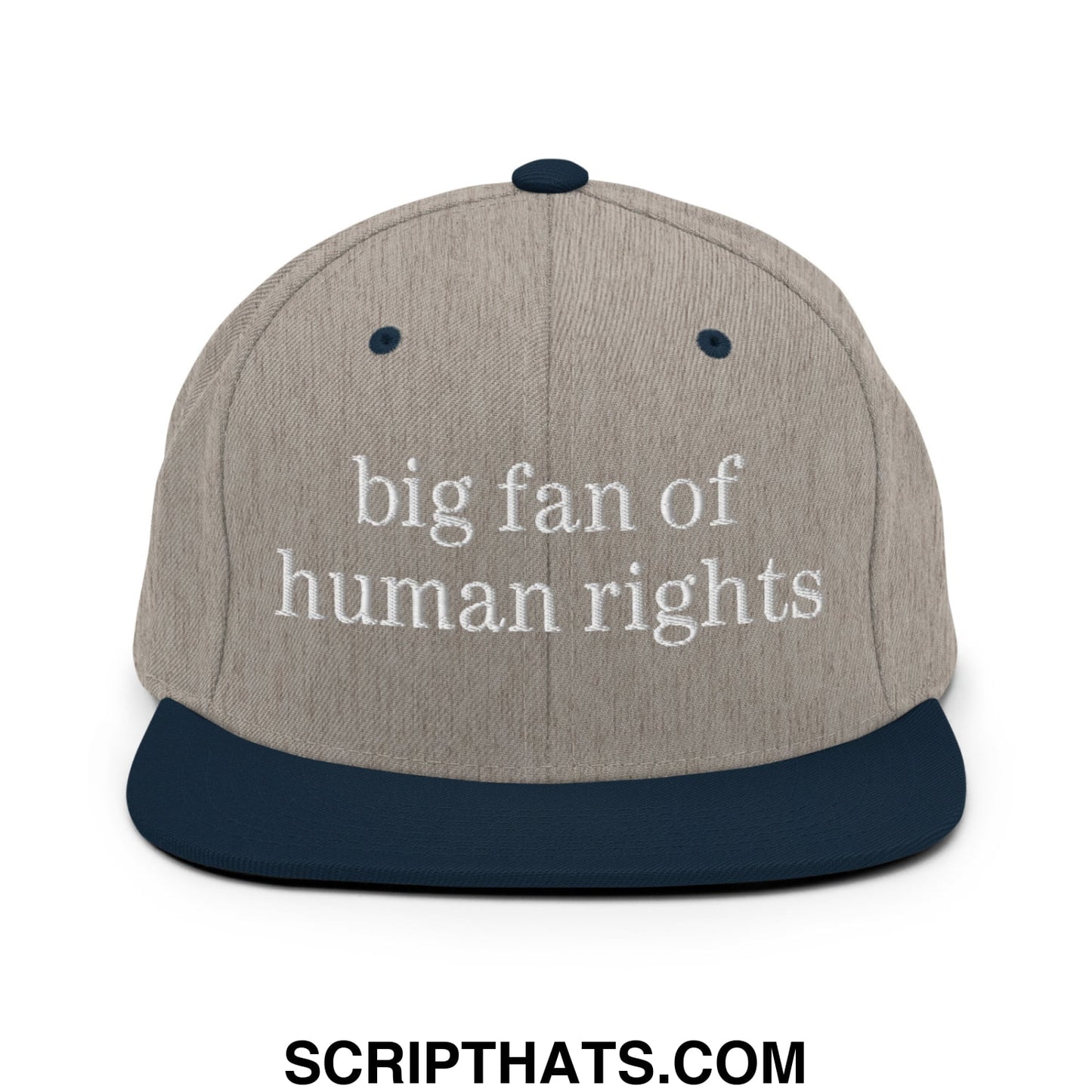 Beige and navy blue snapback hat with white embroidered big fan of human rights text and flat bill brim