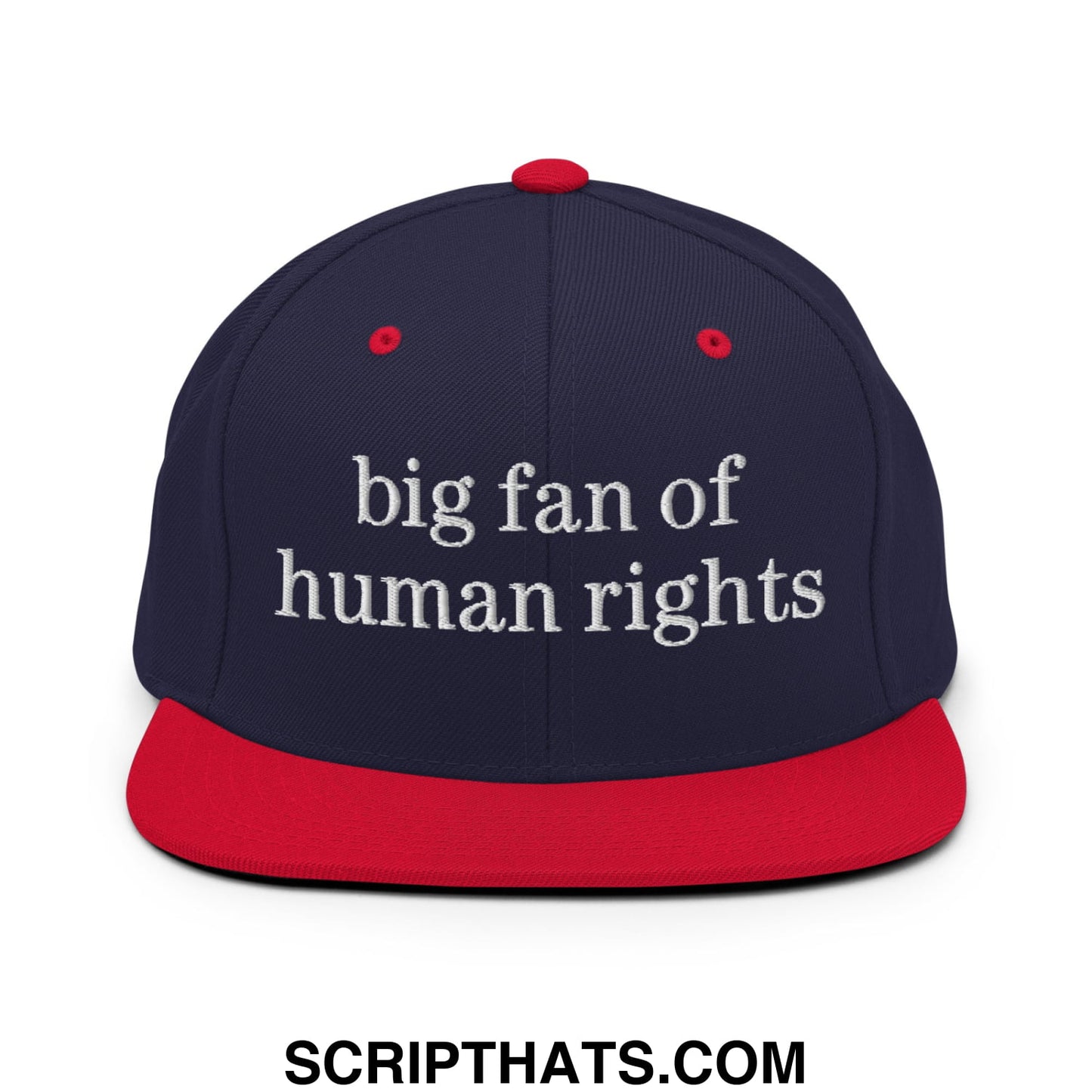 Navy blue snapback cap with red brim and button featuring white embroidered text big fan of human rights