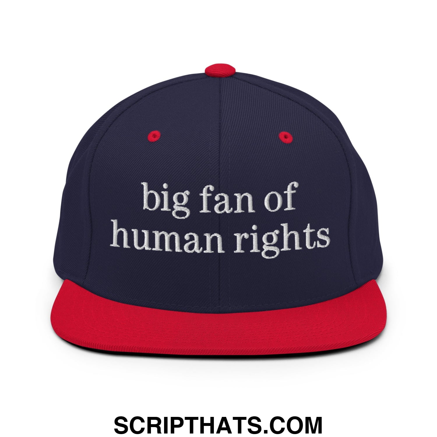 Navy blue snapback cap with red brim and button featuring white embroidered text big fan of human rights