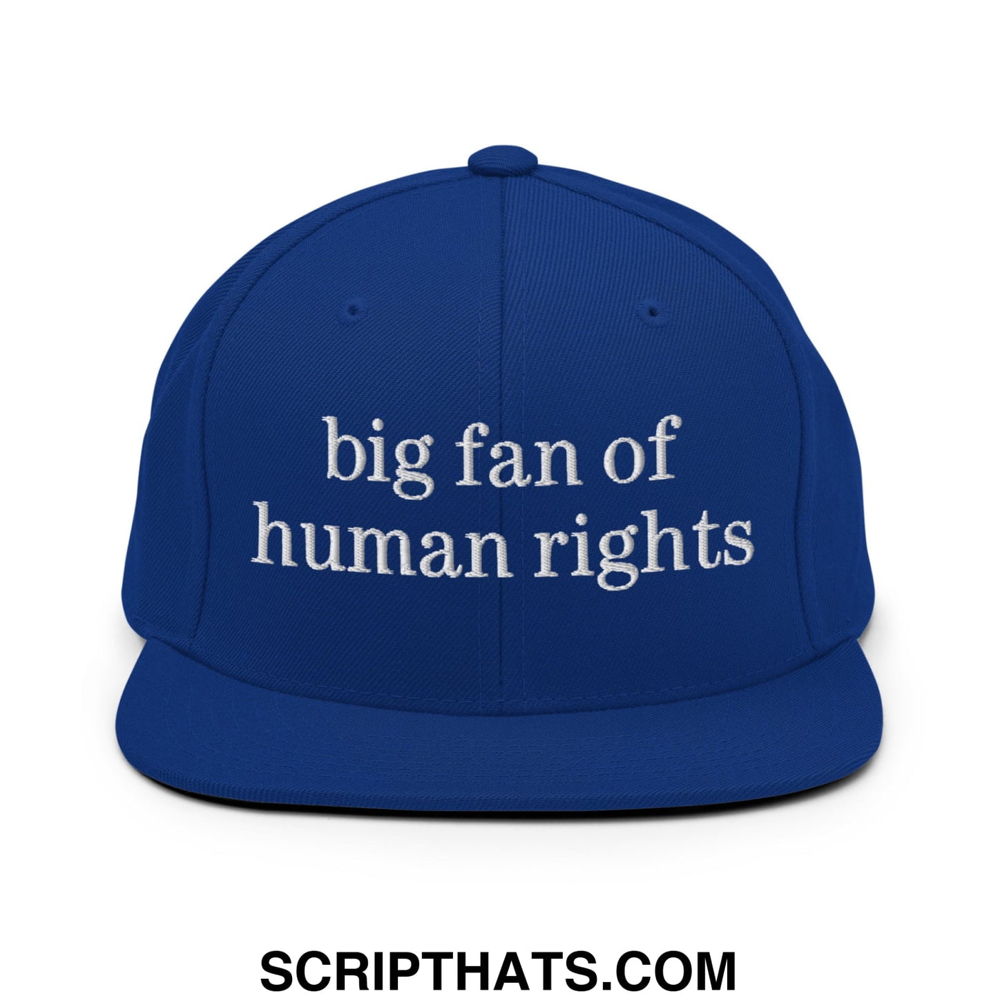 Royal blue snapback hat with white embroidered big fan of human rights text and a flat bill brim design