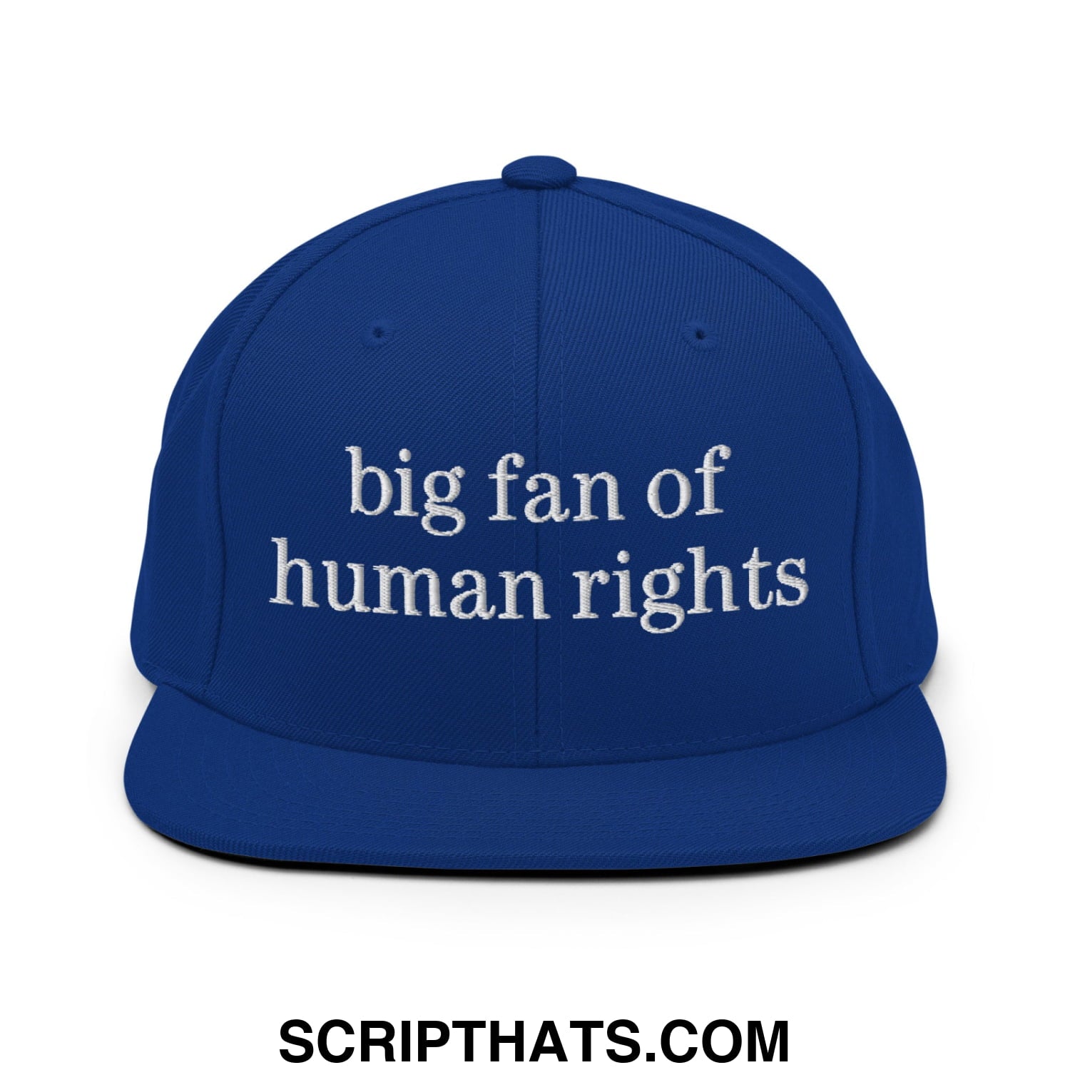 Royal blue snapback hat with white embroidered big fan of human rights text and a flat bill brim design