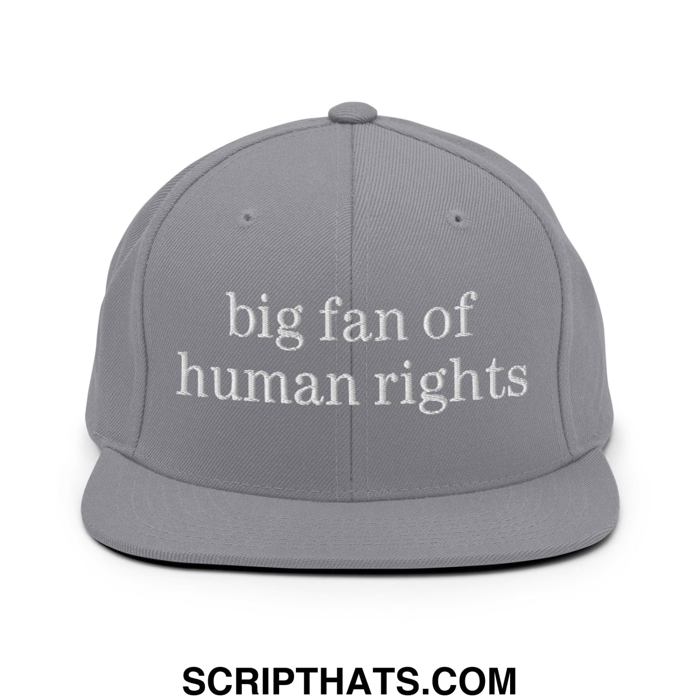 Gray snapback cap with white embroidered text big fan of human rights featuring a flat bill brim design