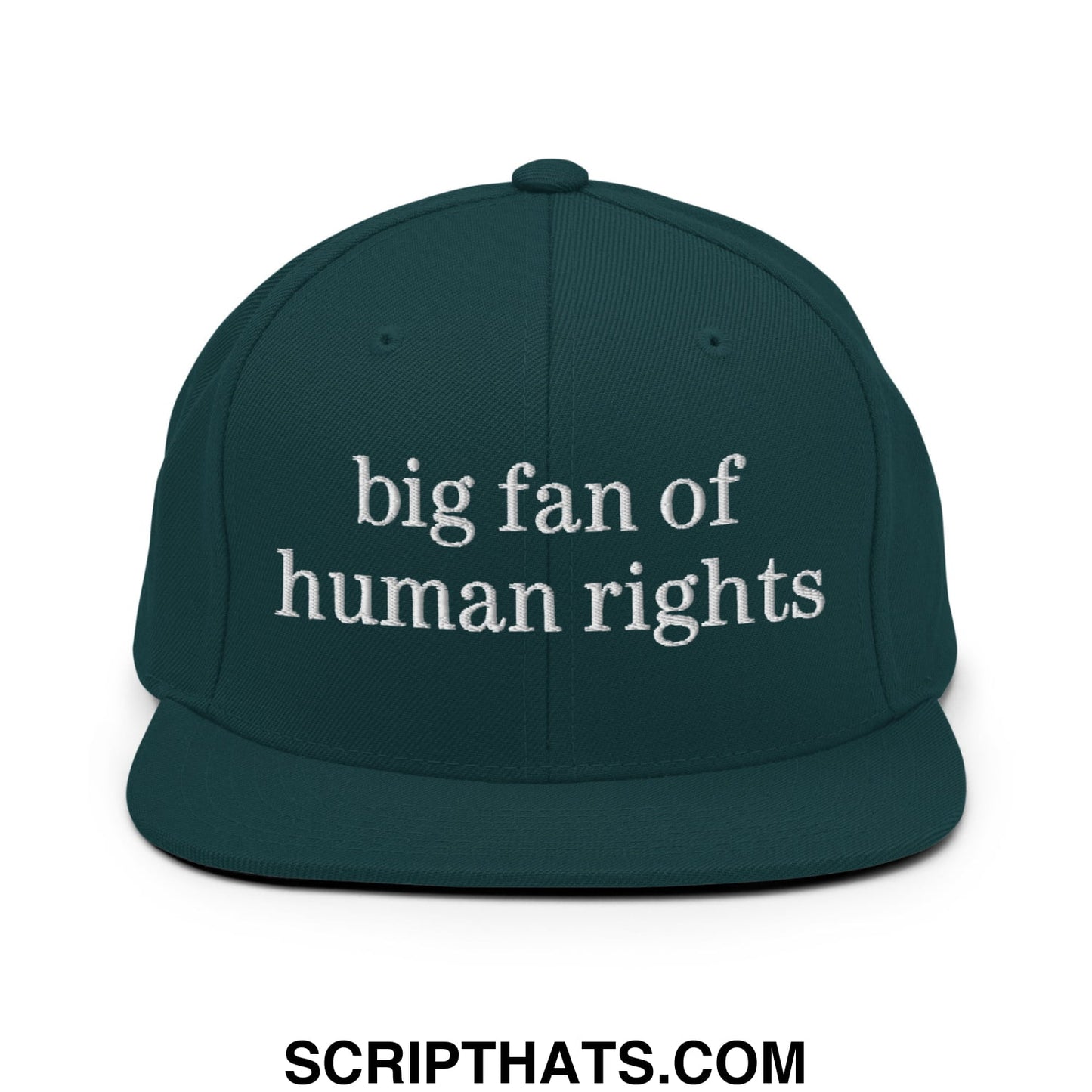 Dark green snapback hat with white embroidered big fan of human rights text on flat bill brim