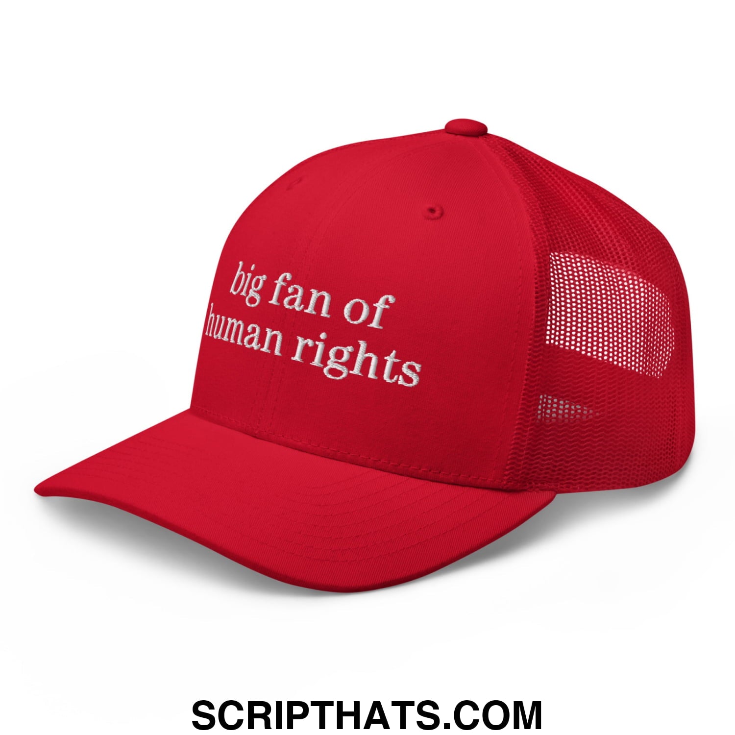 Red mesh trucker hat with white embroidered big fan of human rights text on front panel