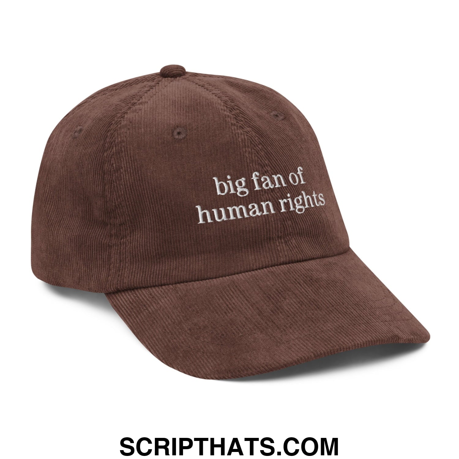 Brown corduroy baseball cap with white embroidered text big fan of human rights unstructured dad hat