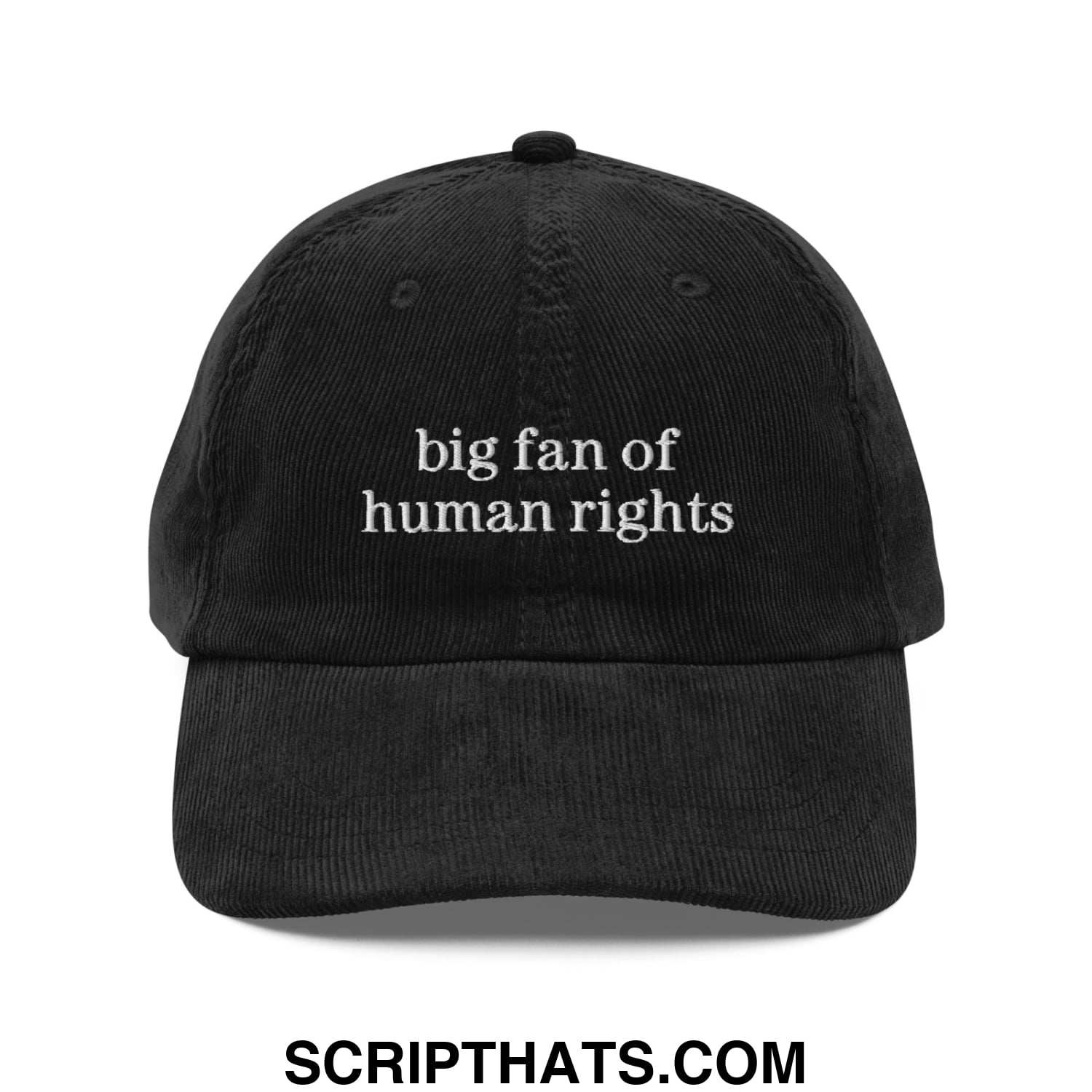 Black corduroy dad hat with white embroidered big fan of human rights text unstructured baseball cap
