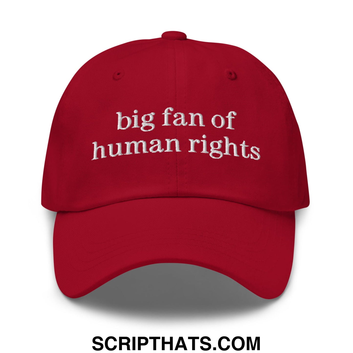 Red unstructured dad hat with white embroidered text big fan of human rights promoting social justice awareness