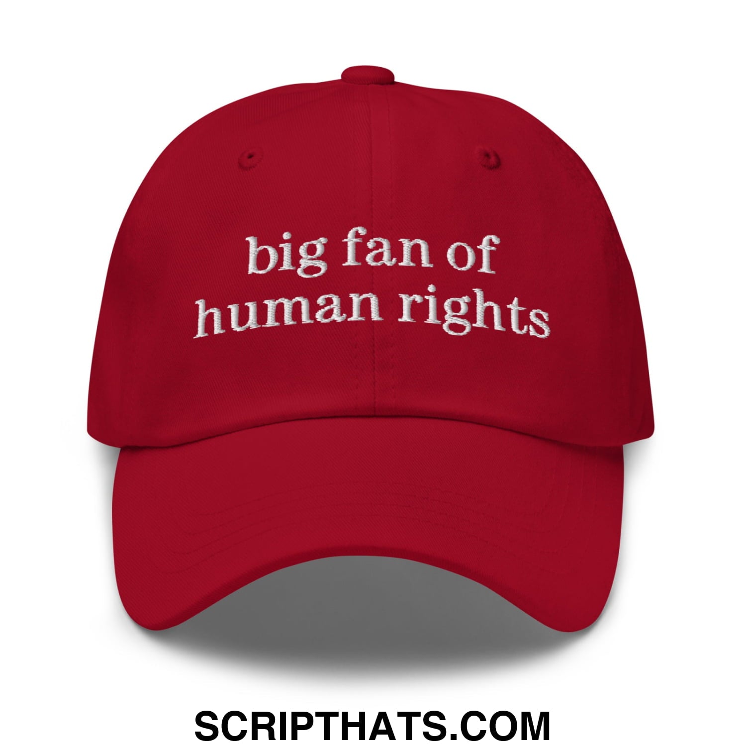 Red unstructured dad hat with white embroidered text big fan of human rights promoting social justice awareness
