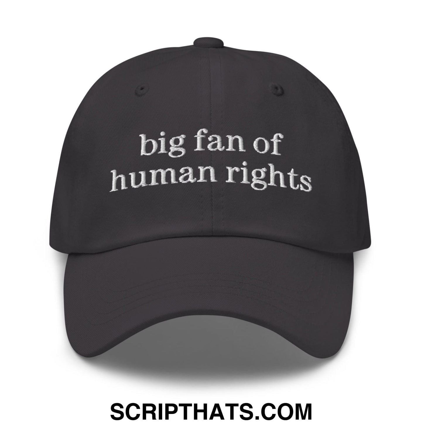 Black unstructured dad hat with white embroidered text big fan of human rights for casual wear