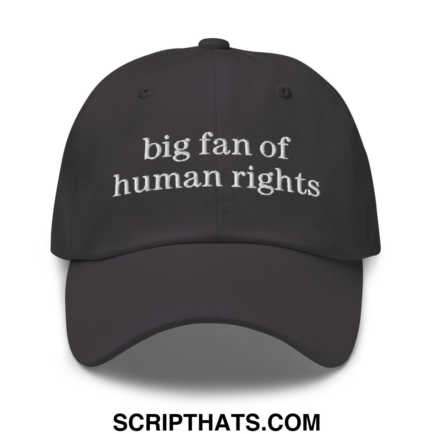 Black unstructured dad hat with white embroidered text big fan of human rights for casual wear