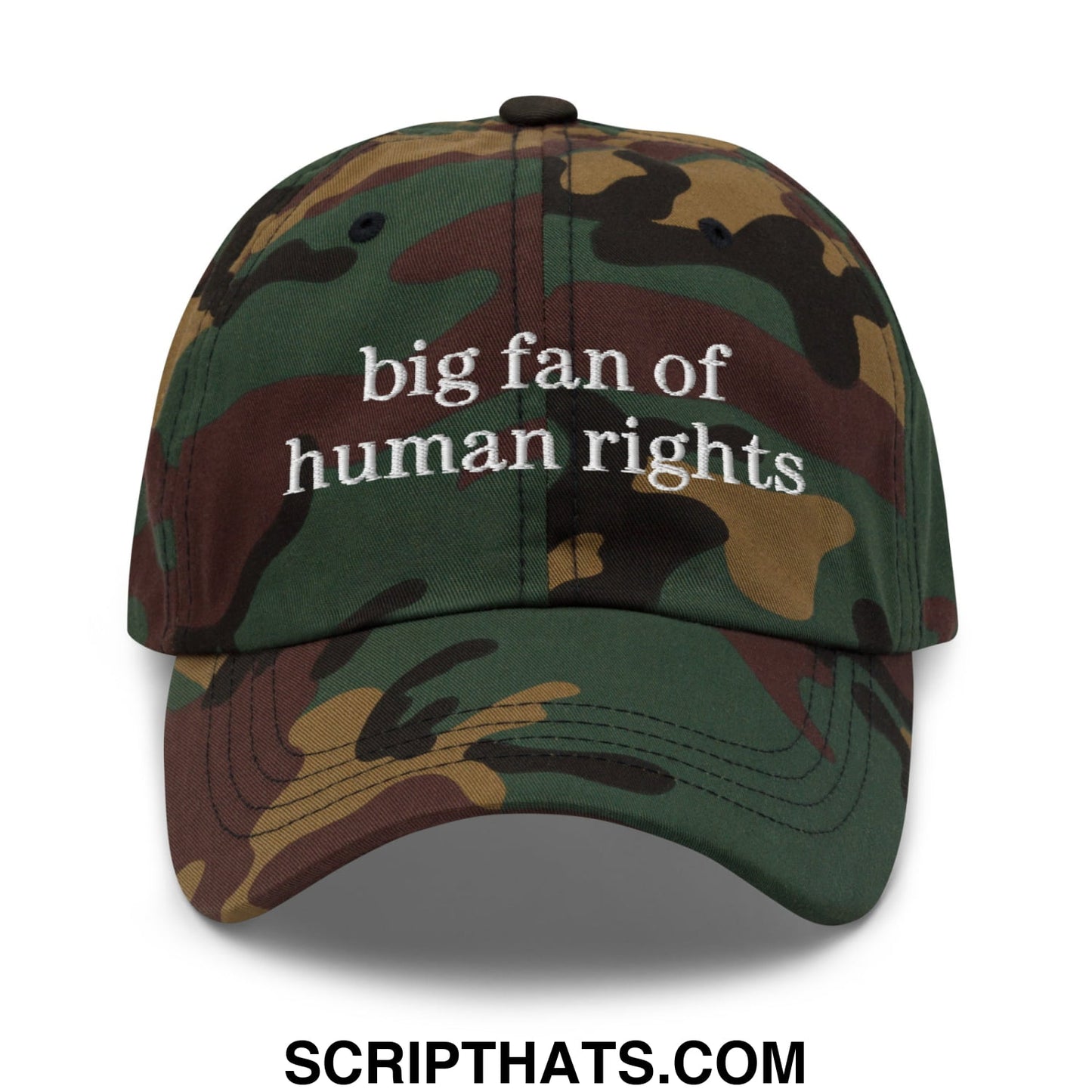 A camouflage-patterned unstructured dad hat with white embroidered text big fan of human rights