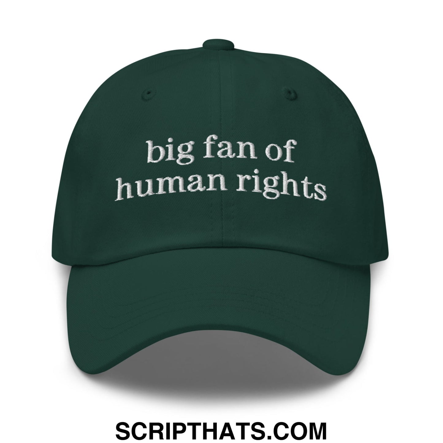 Dark green unstructured dad hat with white embroidered text big fan of human rights on front panel
