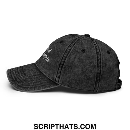 Black distressed denim dad hat with white right to privacy embroidery big fan of human rights unstructured cap