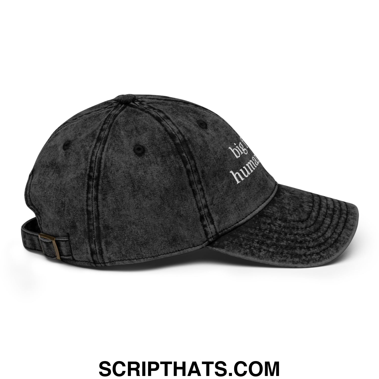 A dark gray distressed denim baseball cap with white embroidered big fan of human rights text on the front