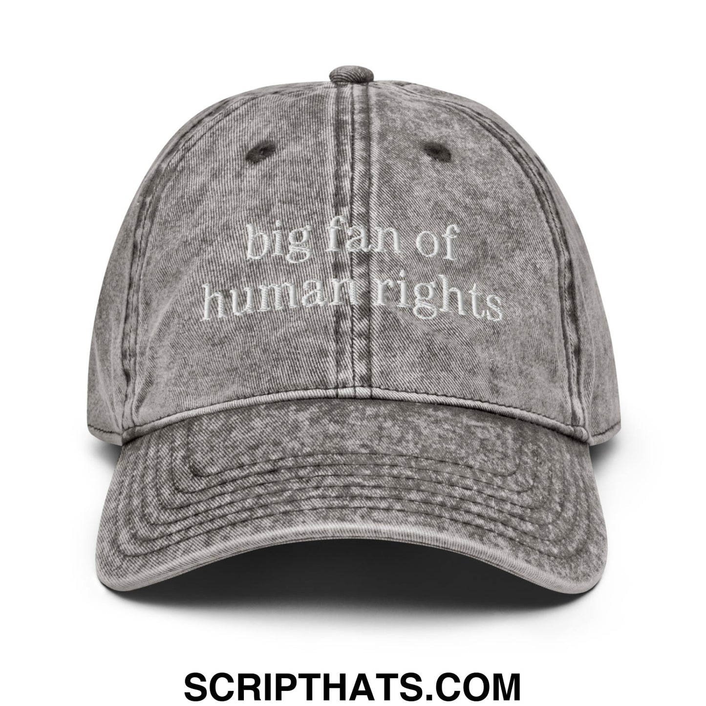 A faded gray unstructured denim dad hat embroidered with big fan of human rights in white thread on the front